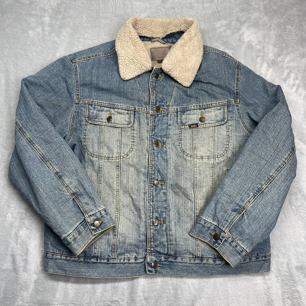 Lee‎ Outerwear Trucker Jacket Mens L Blue Denim Faded Sherpa Lined Button Front